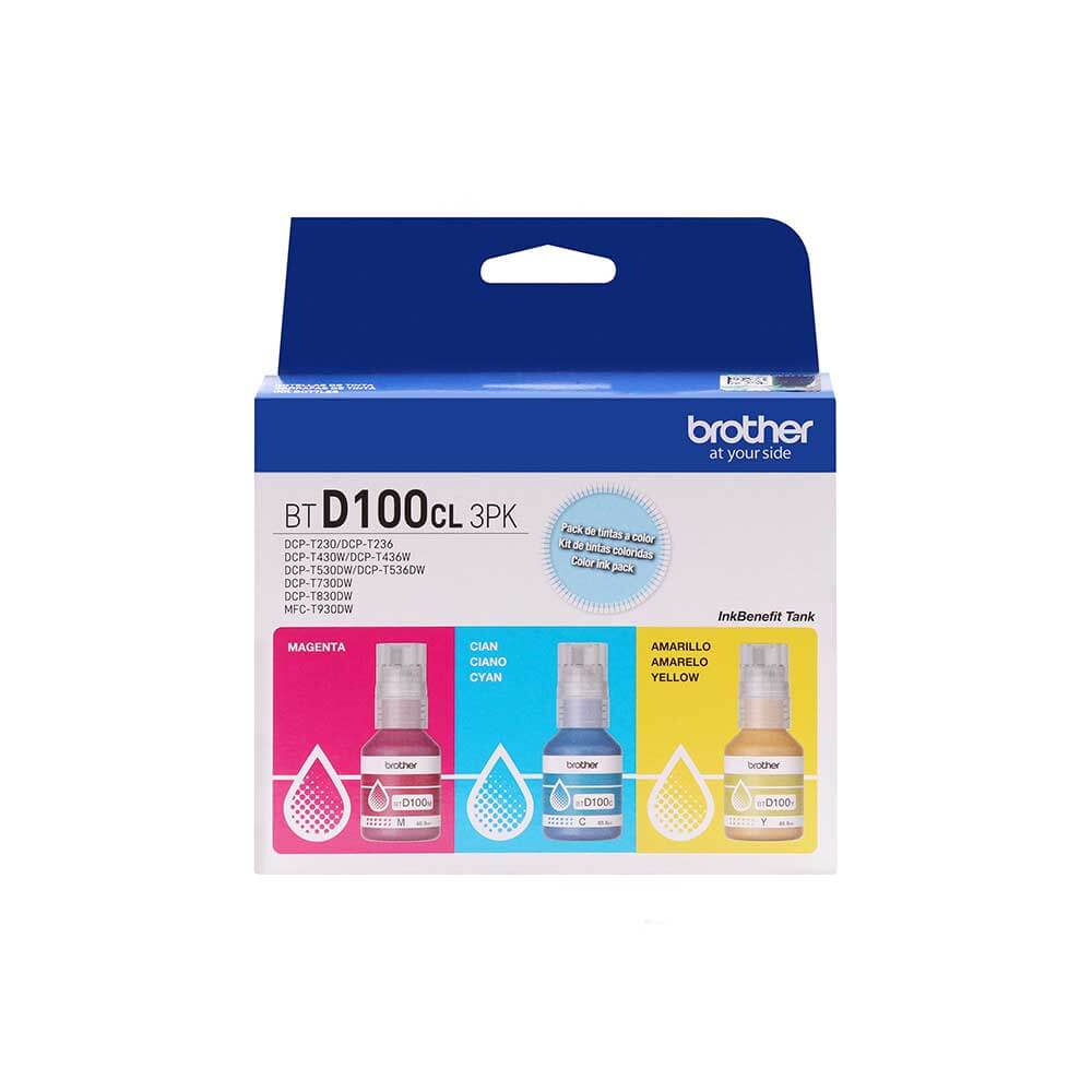 BTD100CL3PKMEX BROTHER                                                      | PACK 3 BOTELLAS DE TINTA CMY DE ULTRA ALTO RENDI 5.000 PAG PARA DCP-T230 / DCP-T430W / DCP T530DW / DCP-T730DW / DCP-T830DW                                                                                                                               